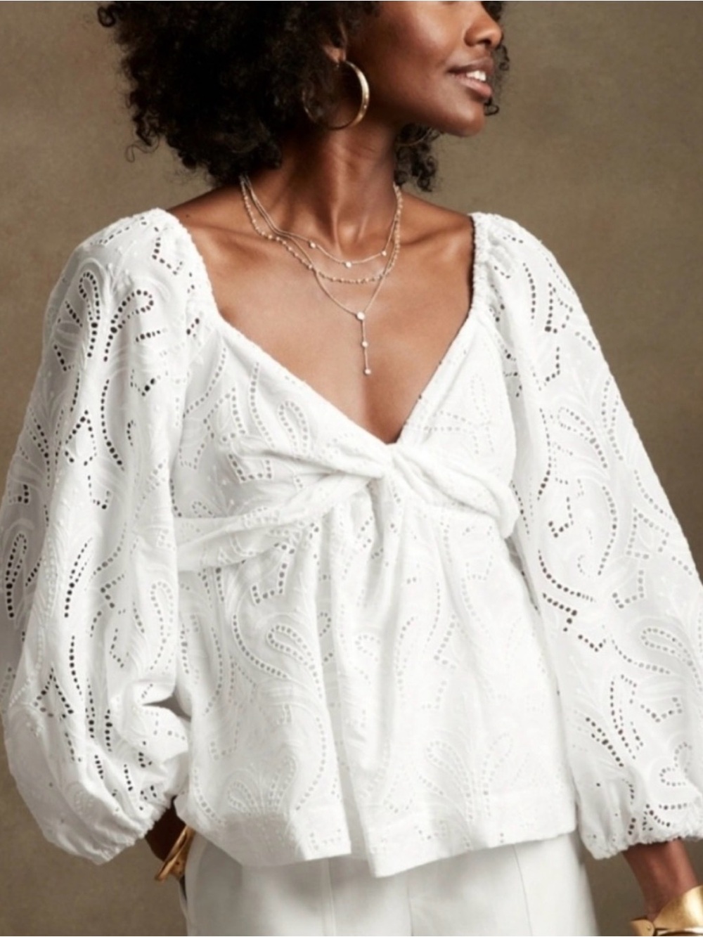NWT Banana Republic White Eyelet Balloon Sleeve Empire Waist Top Size S Tall